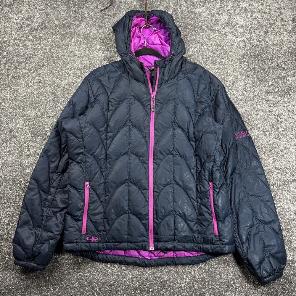Outdoor Research Aria Hoody Puffer Jacket Womens XL Blue Hooded Down Quilted